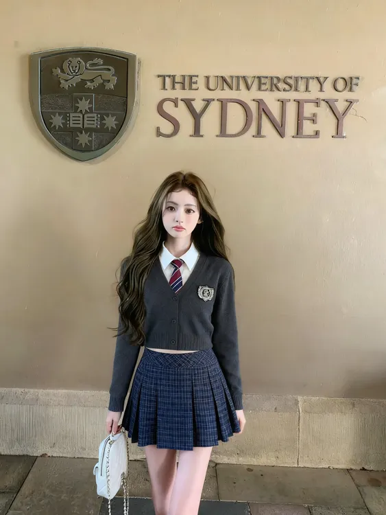 韩系制服套装女秋冬女学妹英伦学院风手工刺绣粉开衫徽章毛针织衫