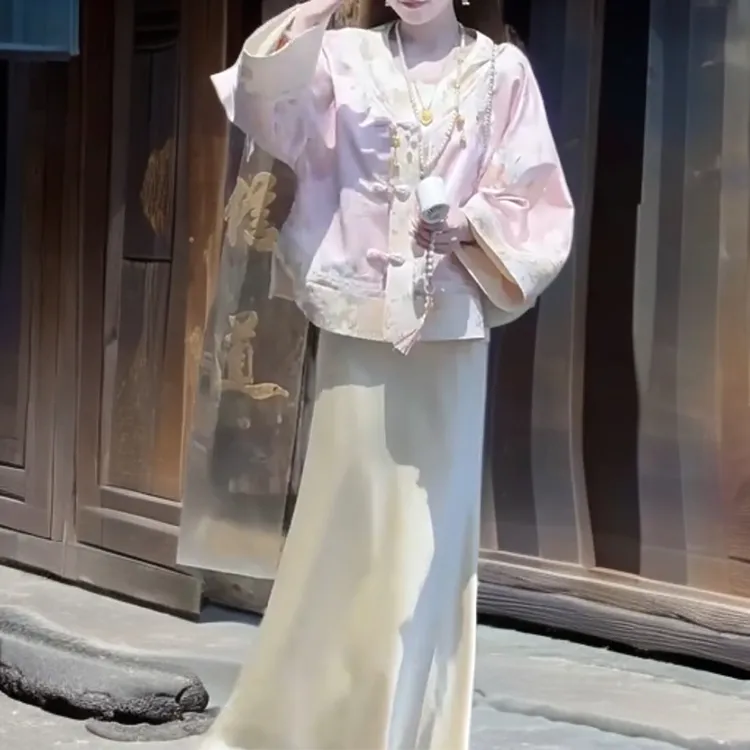 【金玉满堂】两件套新中式刺绣粉色外套女款早秋独特上衣半裙25105