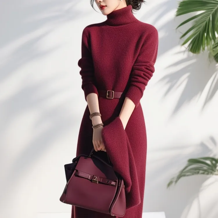 长裙气质通勤秋冬富家千金感裙子女针织高领打底衫毛衣腰带连衣裙