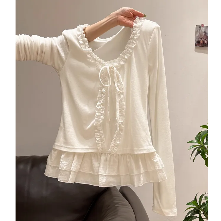MISU/糜素纯欲假两件下摆拼接设计感长袖T恤女2025早秋打底衫花边
