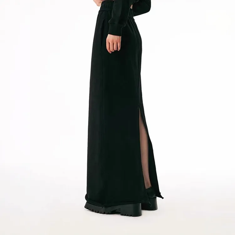 大码美式休闲运动直筒卫裙半身裙胖mm高个子黑色拖地卫衣裙长裙女