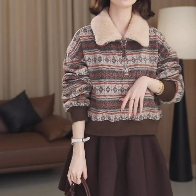 复古设计感翻领半拉链针织衫2025秋冬新款费尔岛提花加厚保暖卫衣