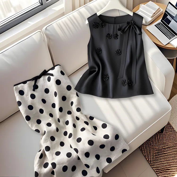 法式气质飘带无袖上衣女夏季新款百搭老钱风女装波点半身裙两件套