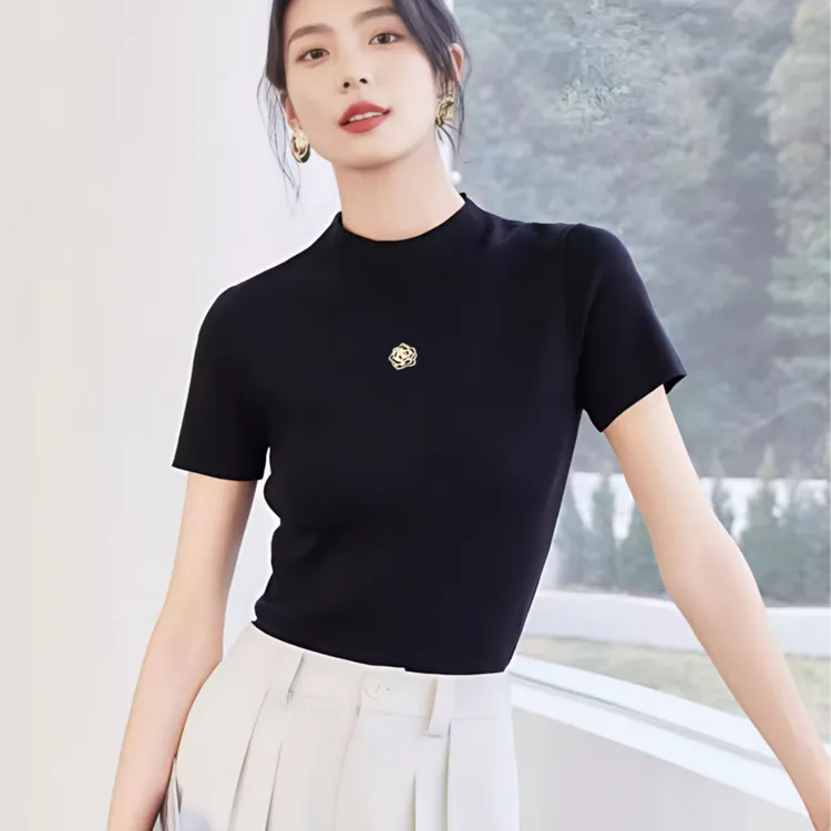 品哥弟新女夏季山茶花设计感气质针织正肩短袖T恤洋气百搭