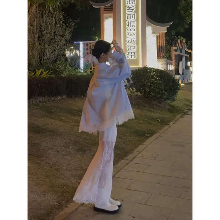 2025春秋新款宽松百搭蕾丝衬衫内搭蕾丝背心上衣高腰显瘦半身裙女