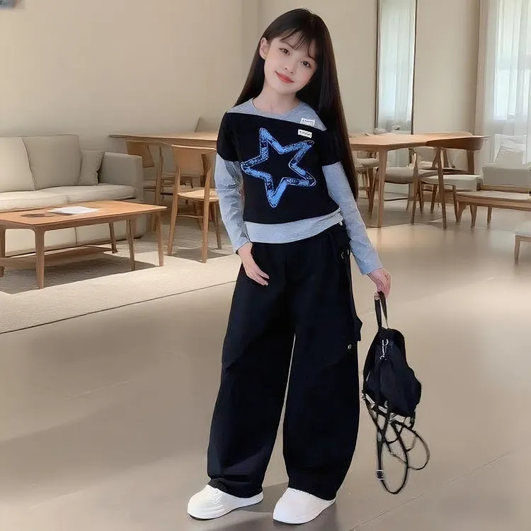 女童秋季套装2025新款韩版假两件上衣儿童中大童春秋工装裤两件套