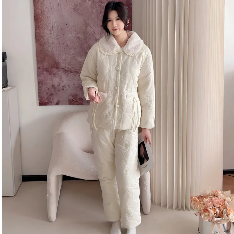 百家亲刺绣翻领三防可外穿加厚加绒保暖纯色简约秋冬季夹棉女睡衣