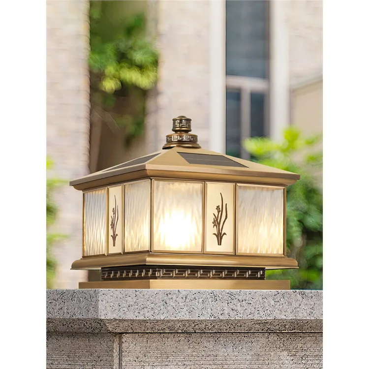 全铜太阳能柱头灯户外围墙庭院别墅花园中式门柱灯大门两侧柱子灯