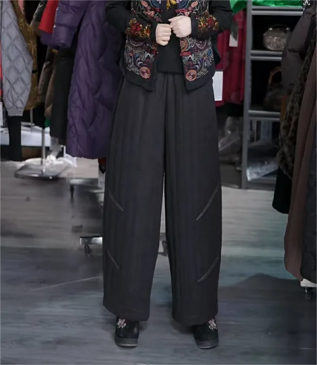 【专柜品质】冬季加厚保暖时尚复古旧感弯刀裤宽松显瘦竖条棉裤LXQ6