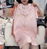 薄款衬衫领夏季翻领D家粉短袖睡衣套装三件套带胸垫休闲透气