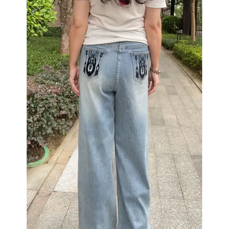 新款百搭民族风复古刺绣水洗阔腿高腰弹力加长牛仔裤高腰