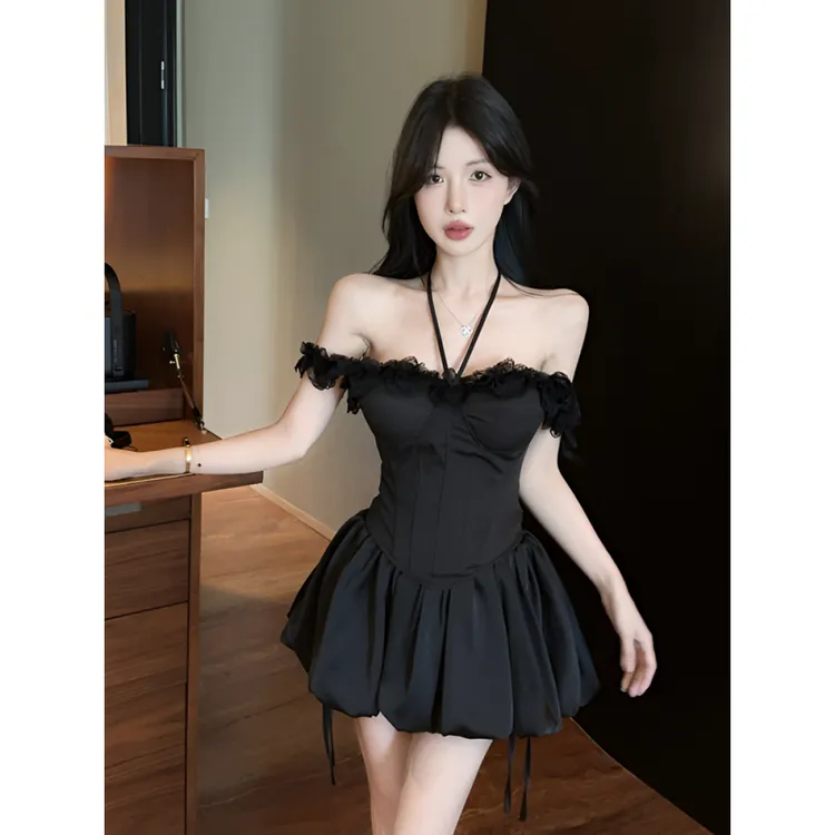 法式复古纯欲辣妹性感鱼骨蕾丝显瘦吊带背心上衣花苞裙裤女套装