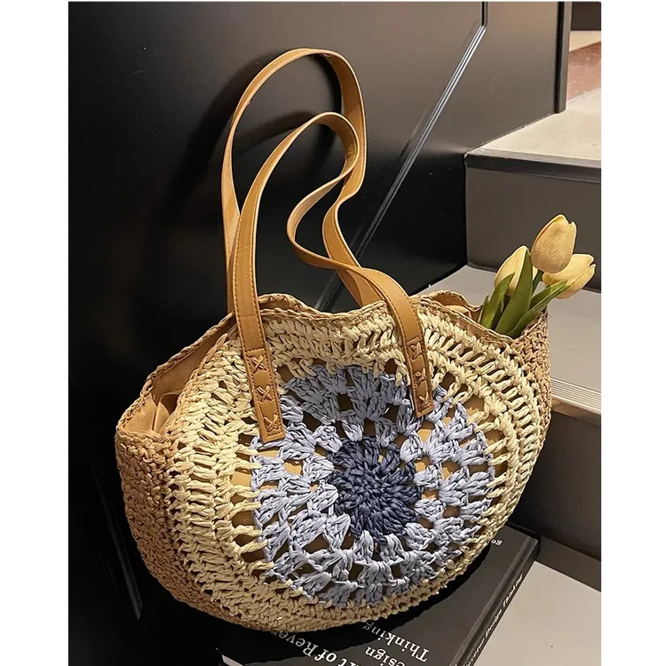 ins夏季超火新款圆形纸绳穗穗单肩时尚休闲编织沙滩女士草编包包