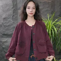 JJ圆领宽松型收口袖春秋女短外套韩版显瘦女装复古水洗