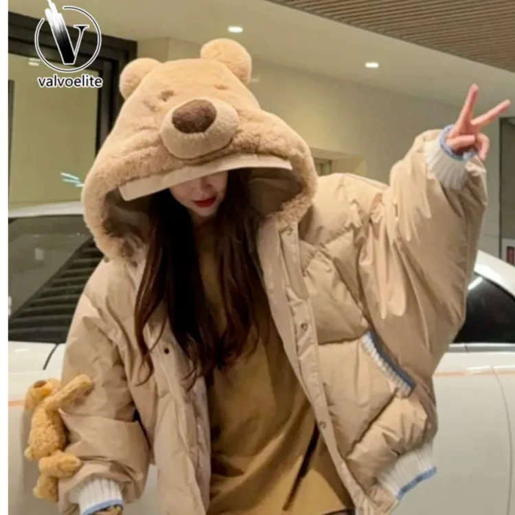 VALVOELITE大码女装冬季小熊连帽棉衣外套宽松减龄保暖可爱棉服i