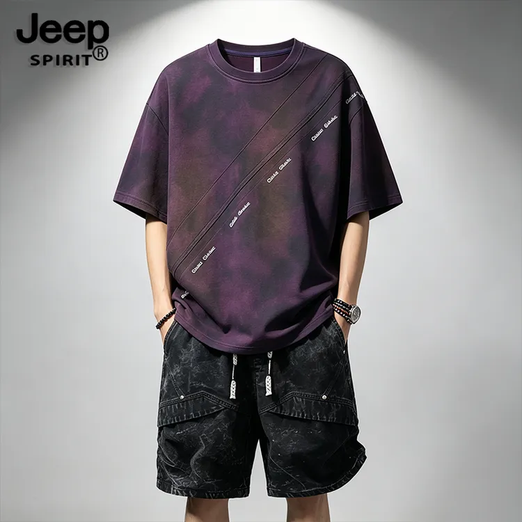 JEEPSPIRIT吉普套装男士夏季新款美式扎染短袖短裤大码休闲两件套