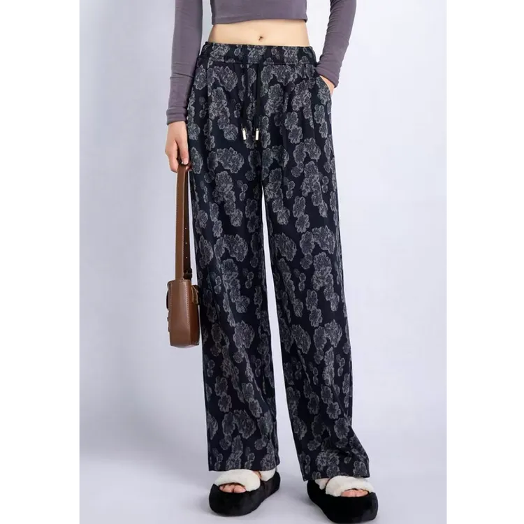 秋季刺绣印染厚款格纹长裤复古民族风休闲裤女装蓝色提花花色印花