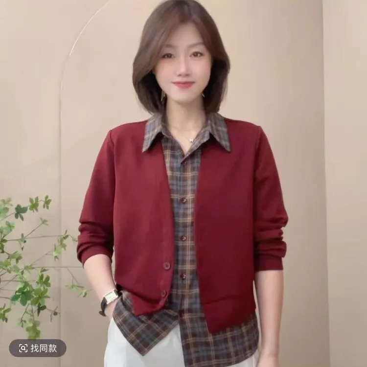 秋季新品洋气时尚休闲宽松显瘦假两件设计感减龄拼接格子长袖上衣