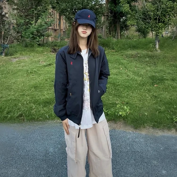 保罗小马美式复古藏青色休闲翻领纯色刺绣秋季户外飞行员夹克外套
