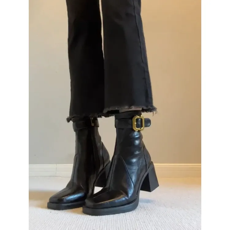 2025新款秋冬复古方头皮带扣粗跟瘦瘦靴气质通勤百搭短靴女马丁靴