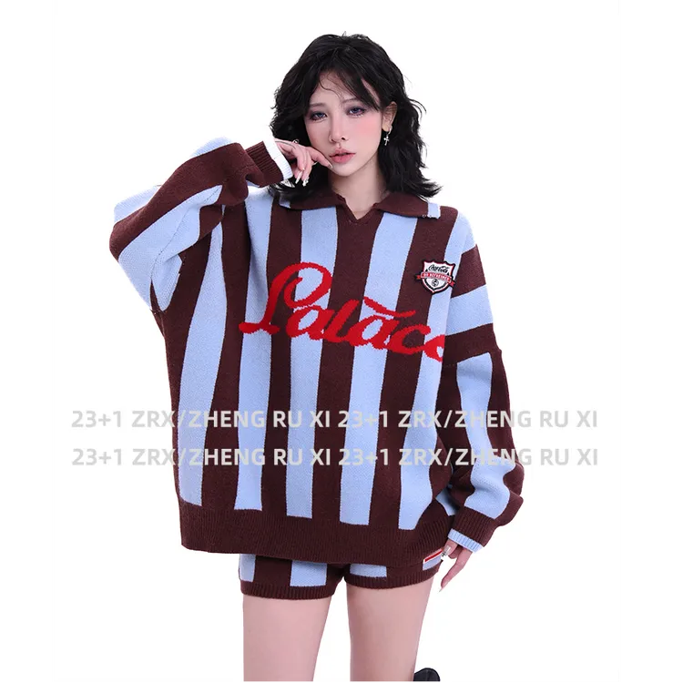 付新博女装条纹毛衣时尚套装女小众设计针织上衣+短裤两件套14786