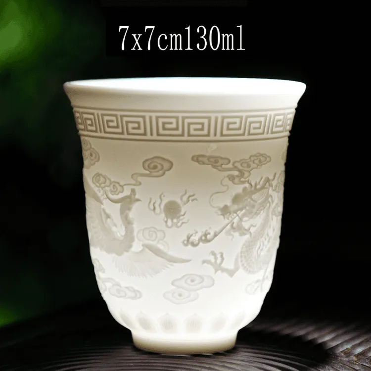 羊脂玉茶杯个人杯主人杯女士浮雕龙凤品茗杯喝茶专用单杯白瓷家用