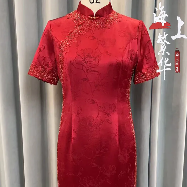 婚礼常规袖中长裙开衩宴会旗袍红色时尚国风爵士喜婆婆婚礼宴会服