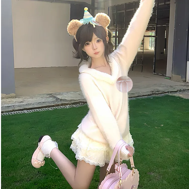 韩系慵懒风少女感可爱毛毛领粉色长袖套头毛衣女软糯宽松减龄上衣