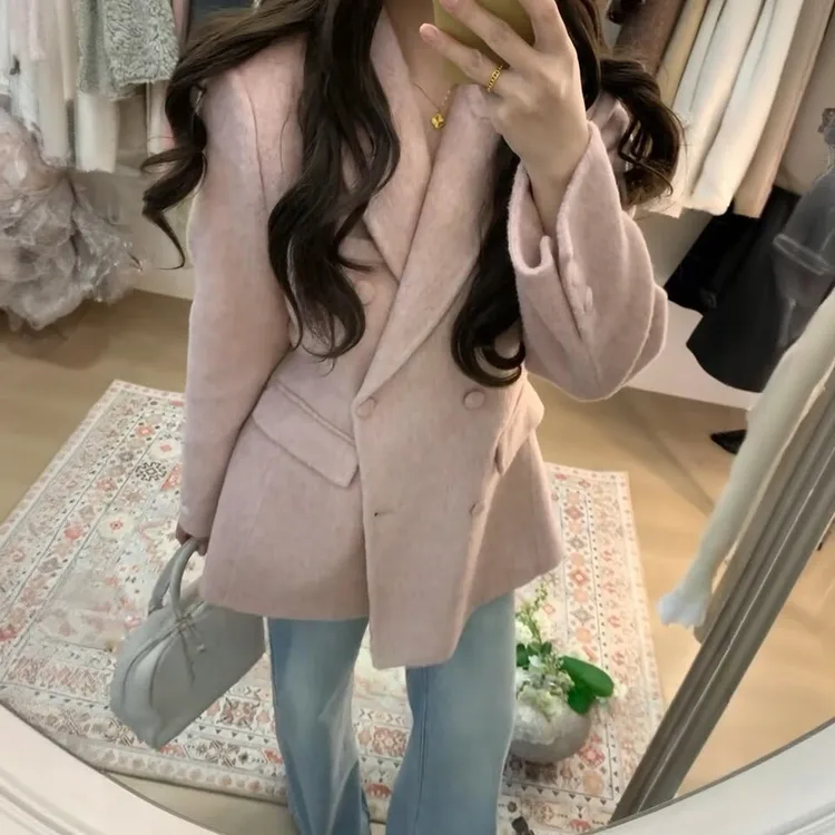 韩系高级感粉色西装毛呢外套女冬新款收腰厚款保暖中长款呢子大衣