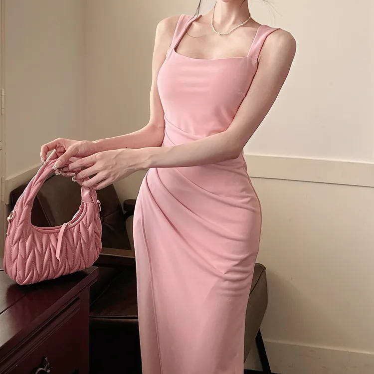 连衣裙开叉连衣裙气质性感夏季修身收腰褶皱设计感