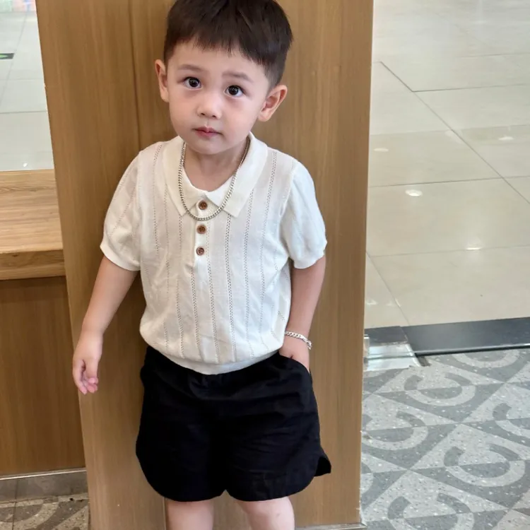 儿童短袖POLO衫老钱风针织镂空男女童上衣镂空透气夏季韩版百搭