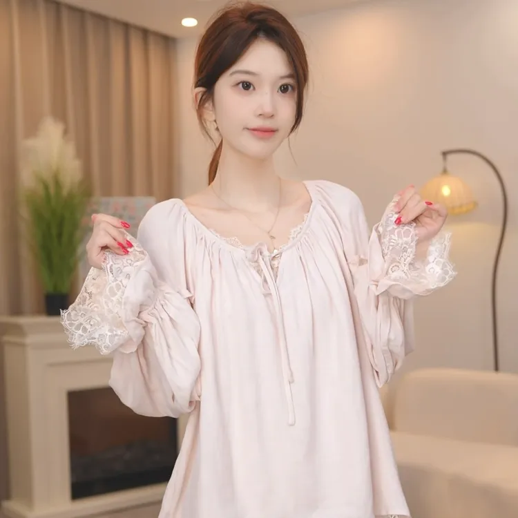 板栗小姐【欣融】春秋长袖甜美风全棉双层纱睡衣女家居服套装可外穿