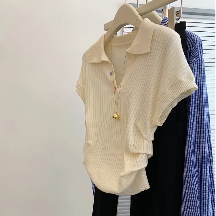 polo领针织短袖t恤女小个子短款设计感修身正肩掐腰上衣2025新款