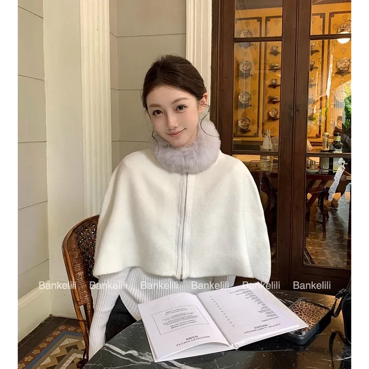 法式2025可拆卸设计毛毛领宽松显瘦斗篷+秋冬打底毛衣长袖套装女