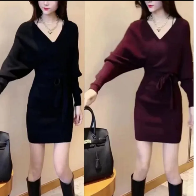 新款连衣裙裙子v领蝙蝠袖修身收腰设计显瘦时尚洋气百搭