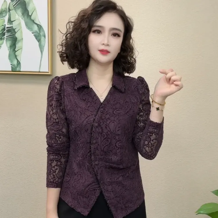2025秋季新款洋气时尚衬衫领气质修身百搭蕾丝长袖上衣#54796
