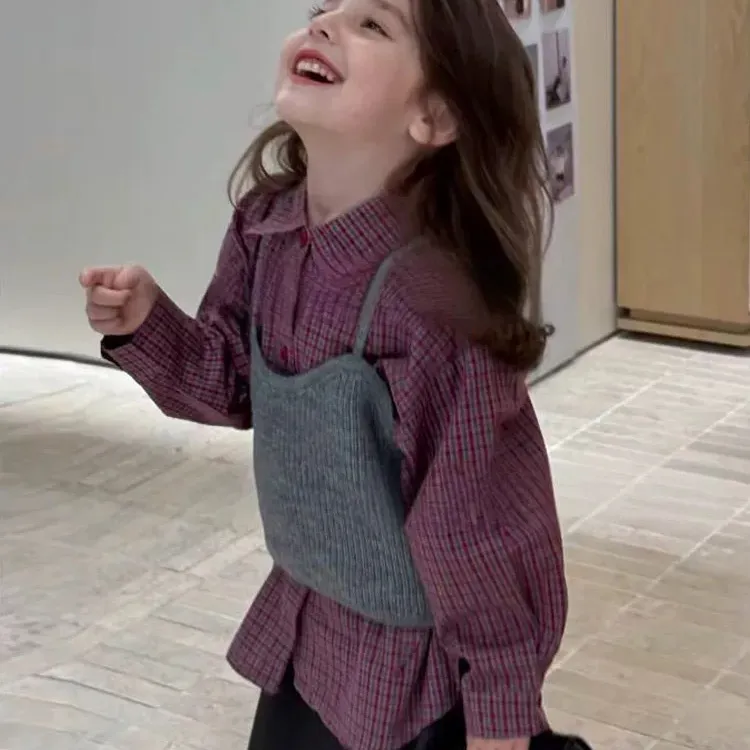 女童格子衬衫2025秋季新款早秋小女孩叠穿秋装衬衣毛线马甲两件套