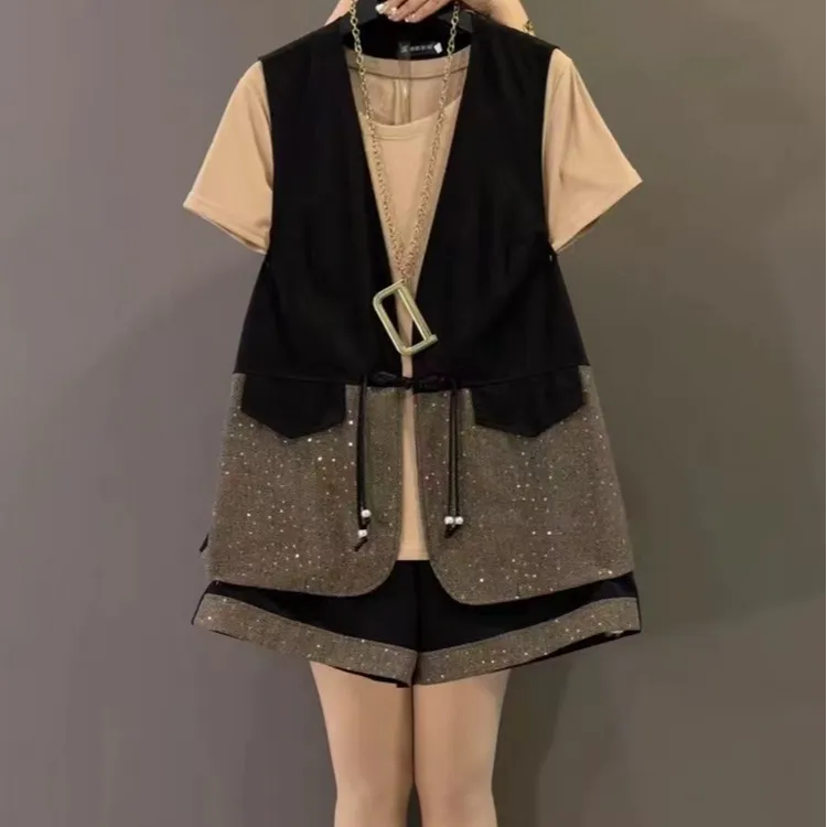 小香风新中式盘扣新款胖妹妹2025拼接设计内搭马甲短裤3件套