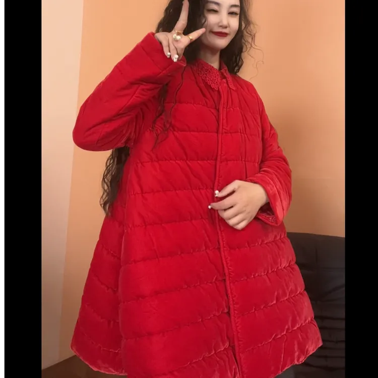 museguhui/木色古汇60087#丝绒棉服气质长袖黑色中长款冬季时尚