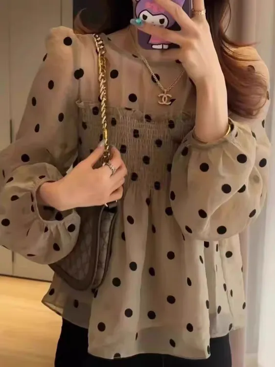 【卢大婷专属】款春法式甜美气质波点泡泡袖衬衫减龄娃娃雪纺上衣