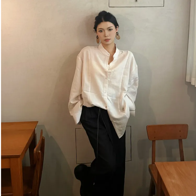 新中式落肩袖长袖圆领中长款衬衫白色上衣显瘦25610