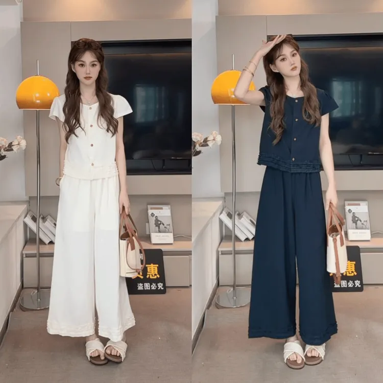 时尚夏装一整套2025年新款时尚减龄百搭洋气阔腿长裤两件套装