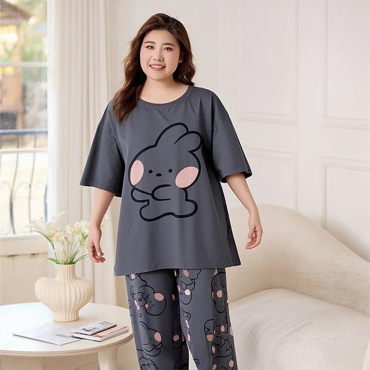 胖妹妹大码T恤小兔短袖长裤睡衣套装夏纯棉休闲情侣家居服女200斤