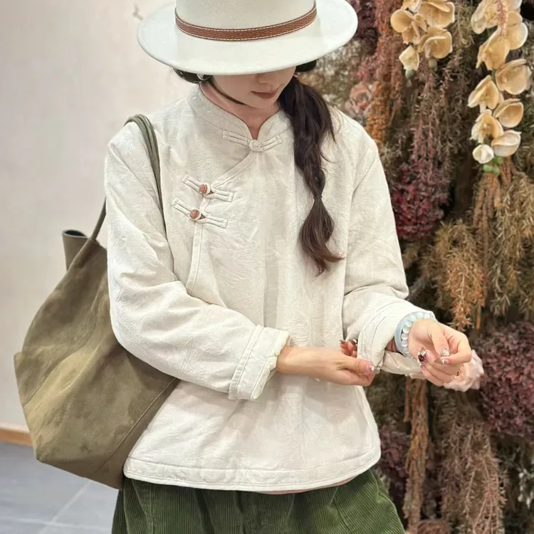 束心新中式女装冬装新款复古立领斜开襟盘扣麻棉提花薄棉衣外套女