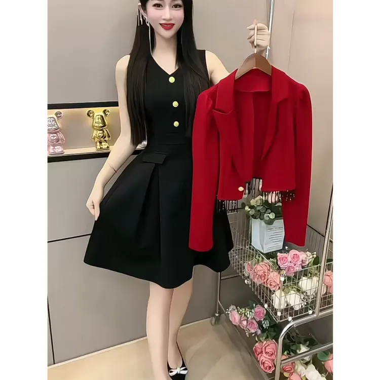 网红新款洋气减龄搭配时尚套装女春秋款气质显瘦两件套高档连衣裙
