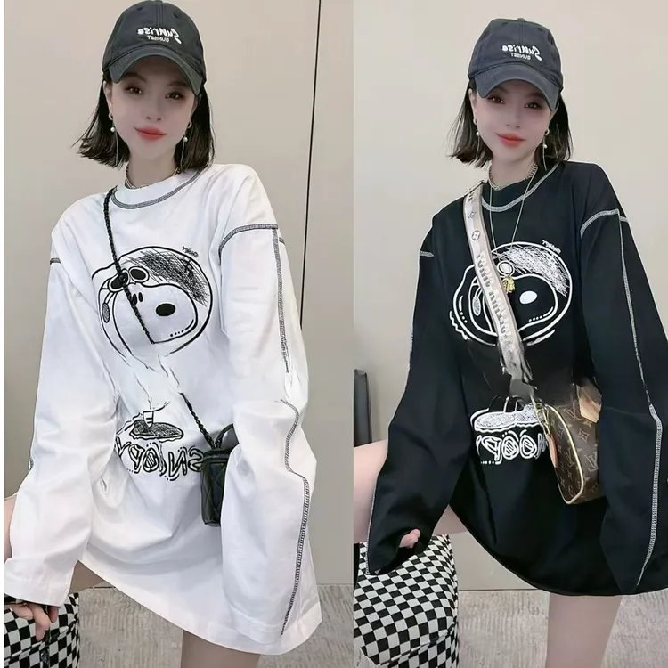 春季新款女装上衣宽松显瘦长袖T恤时尚百搭刺绣中长款打底衫11931