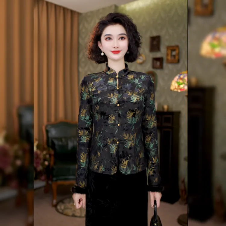 长袖中国风复古常规提花厚款斜襟印染气质中式上衣LY-G8839