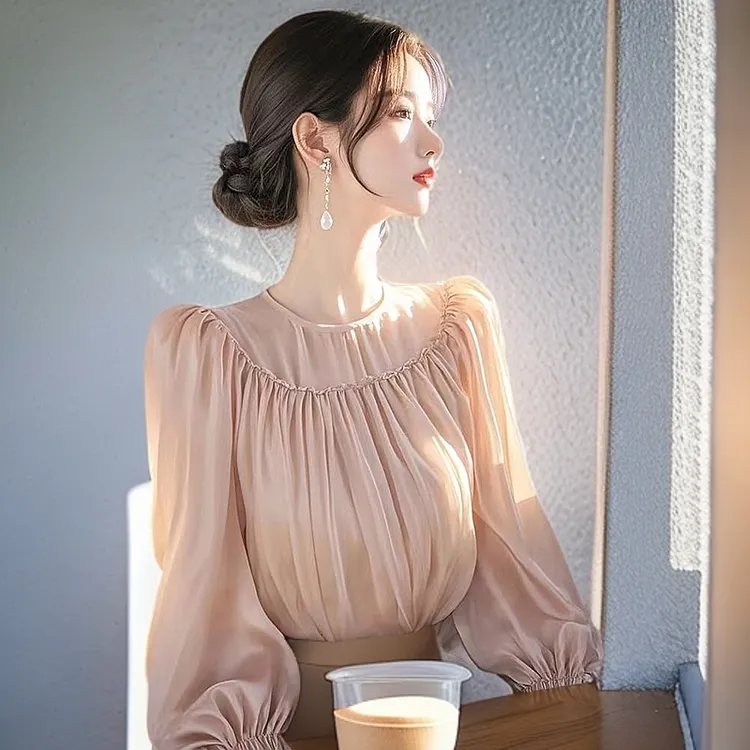 甜美风唯美气质百搭衬衫女春季新款高级感泡泡袖收腰粉色衬衣