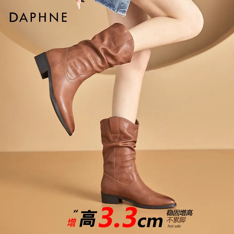 达芙妮马丁靴女秋季新款爆款单靴时尚尖头骑士瘦瘦靴厚底中筒靴子