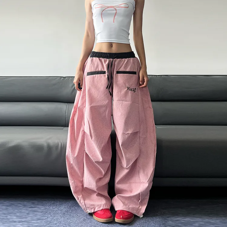 JADEQILIN美式复古撞色格纹弯刀裤宽松褶皱百搭阔腿直筒休闲裤